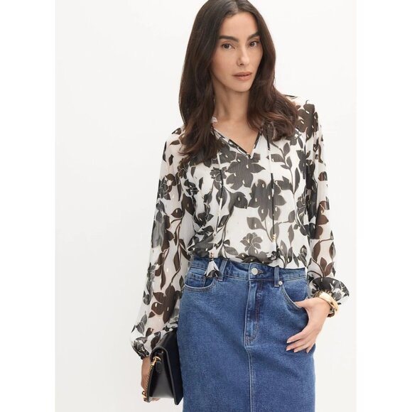 Haver London Black and White Chiffon Floral Blouse Top Size Medium - Picture 1 of 4